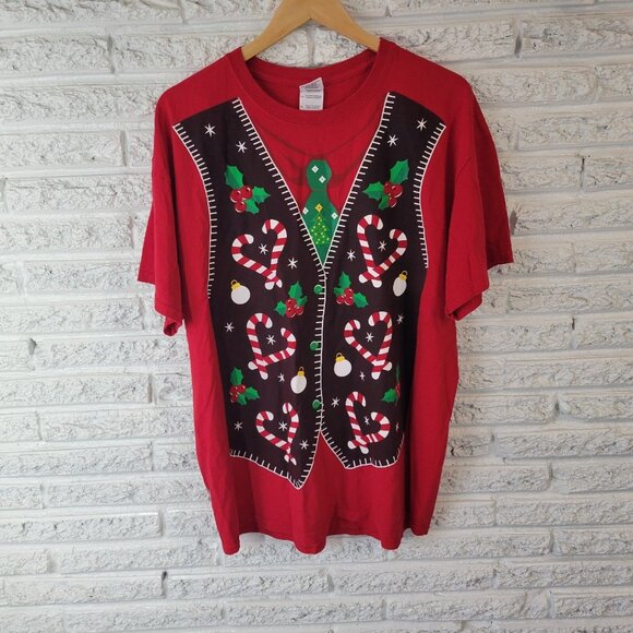 Christmas Womens Top Extra Large Tee Short Sleeve Holiday Red Candy Cane NOV152E - Picture 1 of 8